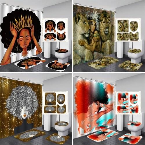 Africa Queen Women Shower Curtain African Girl Princess Bathroom Curtains Anti-skid Bath Rugs Carpet Toilet Lid Cover Bath Mat