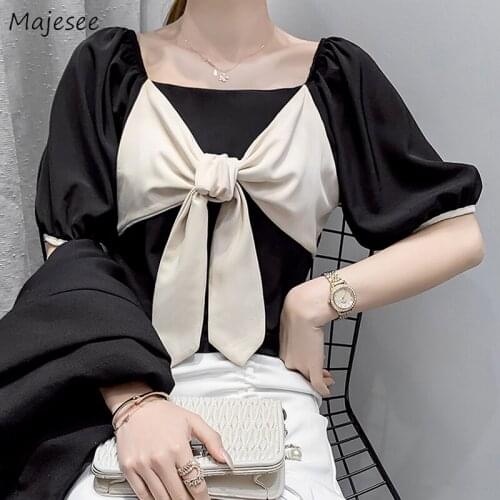 Blouse Women Elegant Summer Square Collar Bow Patchwork Vintage Female Tops Slim Office Ladies Leisure Sweet Puff Sleeve Retro