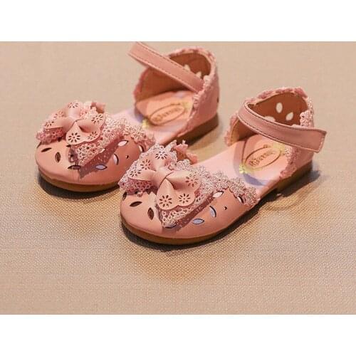 Kids Girls Fashion Sandals Hollow Cute Bow Decoration Velcro Closure Non Slip Comfortable Flat Shoes