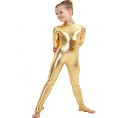 Speerise Kids Girls Shiny Metallic Mock Neck Unitard Dance Gymnastics Halloween Costumes Long Sleeve Zipper Back Bodysuit