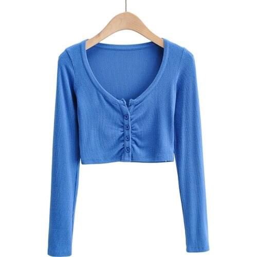 Spring and autumn new style street solid color pleated V-neck bottoming T-shirt for women, thin short long sleeve T-shirt women