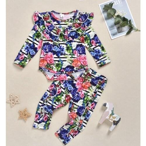 2pcs/set Autumn Baby Girl Long Sleeve Flower Print Romper Top + Trousers Toddler Kids Outfits Clothes