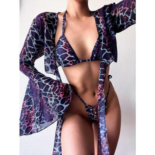 Sexy Bikini Three Piece Set Print Bandage Cover Up Swimsuit Beachwear Bathing Swimwear Matching Suit Women Summer