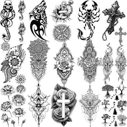 Small 3D Mandala Rose Flower Pendant Temporary Tattoos For Women Adult Girls Kids Cross Scorpion Tatoo Wolf Anchor Fake Tattoo