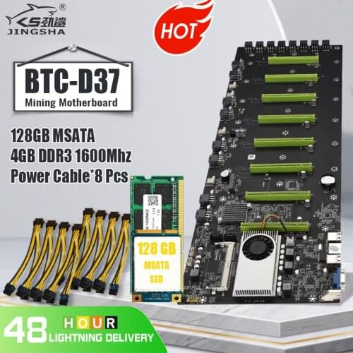 JINGSAH Mining Motherboard 8 Slot DDR3 Memory Integrated VGA Interface with128GB MSATA 4GB 1600MHz RAM and 8pcs Power Cable