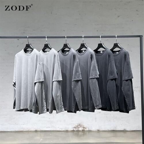 ZODF Trendy 2021 Autum Mens 230gsm Cotton T Shirts Unisex Loose Casual Fake 2 Pieces Full Sleeve T-Shirt Tops HY0271