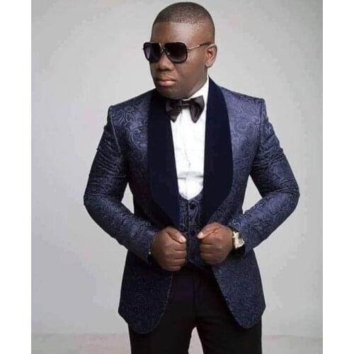 Men Suits Black and Navy Blue Pattern Groom Tuxedos Shawl Velvet Lapel Groomsmen Wedding Best Man ( Jacket+Pants+Vest+Tie ) C703