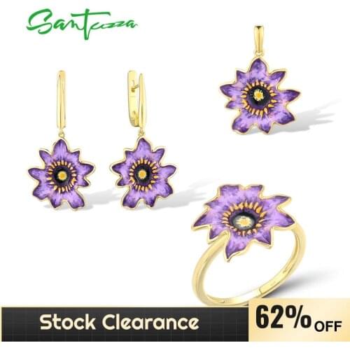 SANTUZZA 925 Sterling Silver Jewelry Set For Women Elegant Purple Brown Enamel Flower Pendant Earrings Ring Fine Jewelry Gift