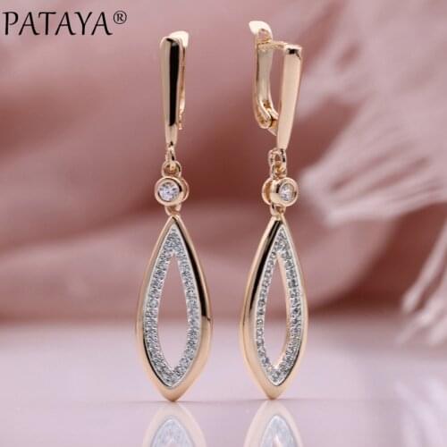 PATAYA New Two-color Horse Eye Hollow Long Earrings Women Natural Zircon Fashion Jewelry 585 Rose Gold Unusual Dangle Earrings