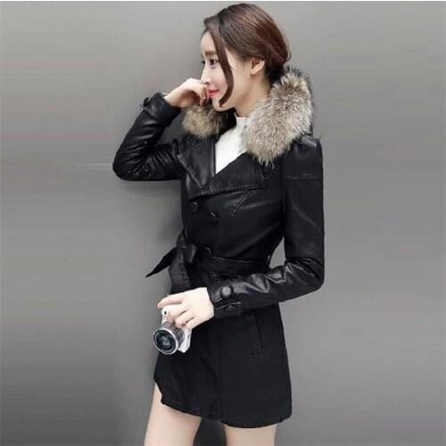 Plush Thick Detachable Fur Collar Leather Coat Womens Mid-Length 2021 Autumn And Winter New Korean Womens Slim Leather Coat