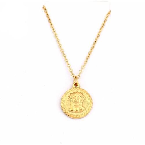RIR Exquisite Round Jesus Necklace Golden Relief Jesus Human Head Round Coin Pendant Sacred Religious Jewelry