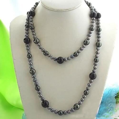 Unique Pearls jewellery Store 46'' 14mm Black Round Freshwater Cultured Pearl Agates Necklace Charming Women Gift
