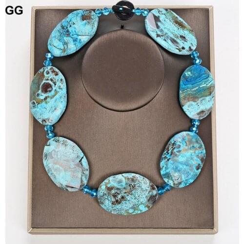 GuaiGuai Jewelry 19" Huge Natural Faceted Blue Stripe Agates Crystal Gems Stone Rectangle Oval Necklace Onyx OT Clasp For Women