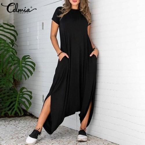 2021 Summer Women Short sleeve Irregular Jumpsuits Celmia O Neck Loose Long Palazzo Rompers Casual Baggy Solid Playsuits Pockets