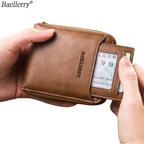 Baellerry Men Wallet With Coin Pocket Vintage Mens Purse Zipper Brand Short Money Bag Leather Luxury Travel ID Card Holder