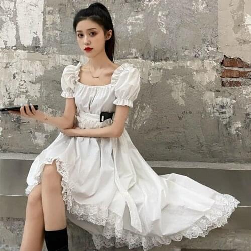 2021Female Square Collar Vintage Puff Sleeve Irregular Lace Splice Midi Dress The New Korean Elegant Casual Women Summer Dress