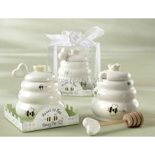 Free Shipping 50pcs "Meant to Bee" Ceramic Honeybees Pot with Wooden Dipper Wedding Favors Party Event Favors Table Decor Idea