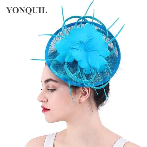 Turquoise Sinamay Bride Wedding Fascinator Hats Elegant Women Fashion Chapeau Cap Derby Hat For Bridal Mariage Party Headwear