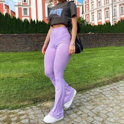 Elastic High Waist Purple Sunken Long Flare Slim Pants Summer All Matching Lady Casual Street Vintage Trousers A20823P