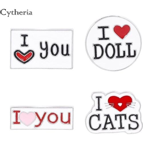 Letter I LOVE YOU CATS DOLL heart couple Brooch & pin Enamel pins Metal Badges Lapel Pins for T-shirt Jewelry women brooch cute