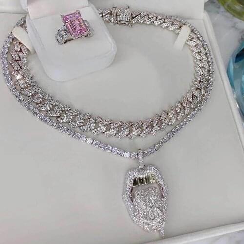 Hiphop Iced out bling 5A Cubic zirconia money tongue lip tennis chain rope chain pendant necklace for women men fashion jewelry