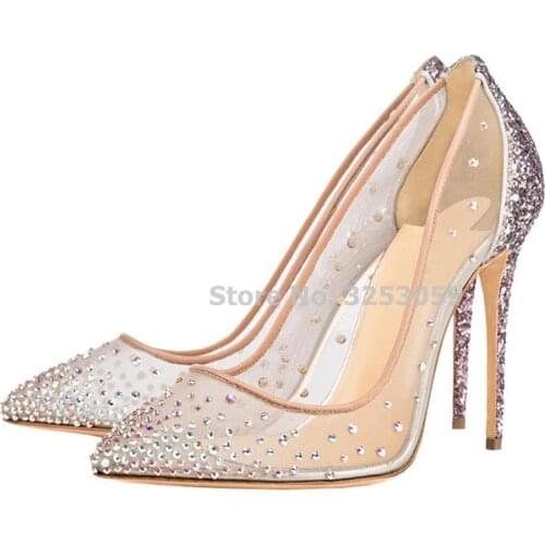 ALMUDENA Ladies Fantastic Bling Bling Crystal Wedding Shoes See Through Mesh Sequined Patchwork Pumps Glittering Banquet Shoes