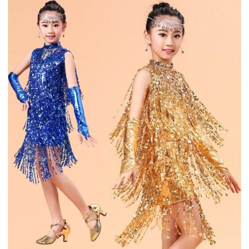 2018 New Children Latin Dance Dress for Kids Performance Wear Latin Sequin Tassel Fringed Dance Costume Girls Skirts with Gloves