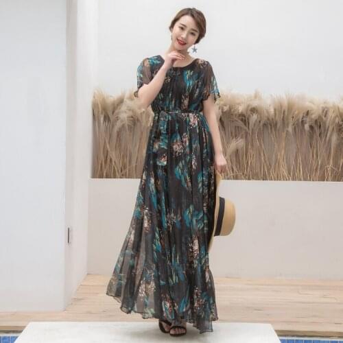 Colorful Floral Printed Chiffon Long Maxi Dress Free and loose Beach Wedding Long Flowy Dress with Sleeves Plus size Sundress