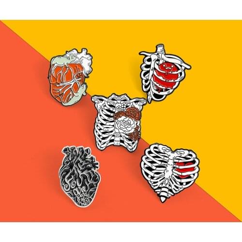 Custom Rib Cage Rose Heart Enamel Pins Bone Skeleton Brooch Lapel Badge Backpack Bag Gothic Punk Jewelry Gifts For Friends