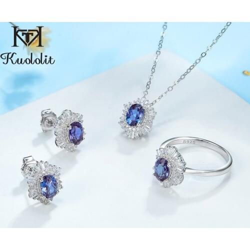 Kuololit 4CT lab Alexandrite Gemstone Luxury Jewelry Set for Women Genuine 925 Sterling Silver Ring Earrings Necklace for Bridal