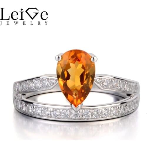 Leige Jewelry Pear Cut Natural Citrine Ring Sterling Silver 925 Wedding Engagement Rings for Women Yellow Crystal Gemstone