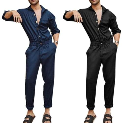 Mens Clothing Solid Color Long Sleeve Buttons Slim Fit Jumpsuits Casual Lapel Stretch Waist Work Trousers Jumpsuit Male Overalls
