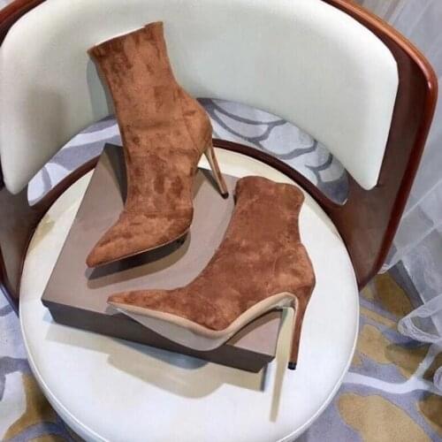 Brown Suede Ankle Boot Pointed Toe High Heel Spring Autumn Short Bootie Thin Heels Slip-on Party Dress Shoes Drop Ship