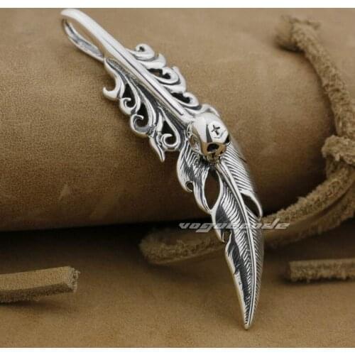 LINSION Leather Skull 925 Sterling Silver Mens Biker Rock Punk Pendant 9H006