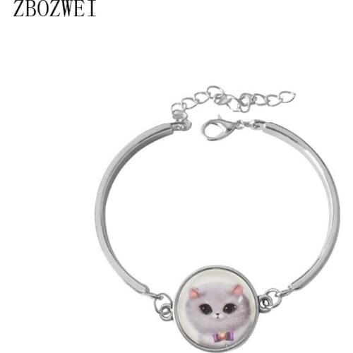 Cute Cat Silver Bracelet Pop Glass Cabochon Statement Bracelet & Pendant Fashion Collares Womens Clothing Accessories Bracelet