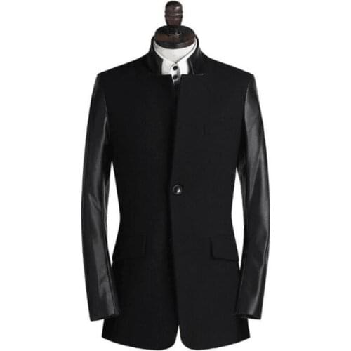 Autumn winter casual woolen coat men trench coats stand collar long leather sleeves overcoat mens cashmere coat splice clothes
