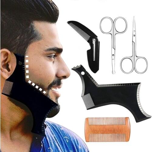 Men Beard Shaping Tool Set with Trimming Shaving Comb Mustache Scissors Beauty Tool for Hair Beard Trim Templates Set