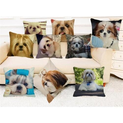 XUNYU Cute Dog Shih Tzu Dog Cushion Cover Linen Printing Pillowcase Home Decorative For Sofa Car 45x45cm Throw Pillowcase A0084