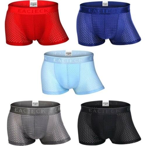 New Breathable Ice Silk Solid Men Cool Underpant U Convex Design Underwear Mesh Sexy Boxer Trunks Low Waist Sport Hot