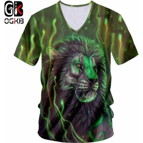 OGKB Men Tshirt With V Neck Cool Print Lion King 3d T-shirts Man Bodybuilding Fitness Workout Casual T Shirt Quick Dry Tees 7XL
