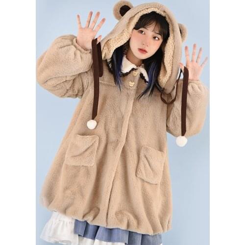 Lolita Coat With Cute Bear Style Hat Tea Party Cashmere Lolitas Overcoat Winter Wear Autumn Sweet Girls Kawaii Loli Harujuku Cos