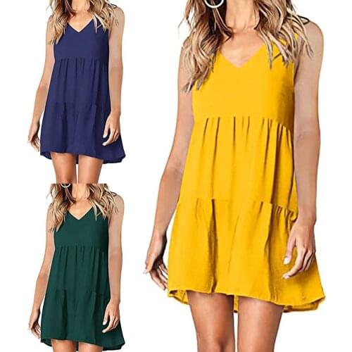 Women Dress Sleeveless Solid Color V-neck Ruffle Hem Loose Mini Dress Sundress Plus Size Beach Dresses платье летнее женское2021