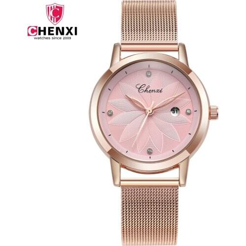 CHENXI Luxury Women Wrist Watch Auto Date Rose Gold Mesh band ladies Watches Fashion Womens Watches Clock saat relogio feminino