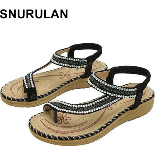 SNURULANSummer Shoes Woman Sandals Flat Sandalias Bohemian Wind Rhinestone Large Size Comfortable Ladies Flat Sandals