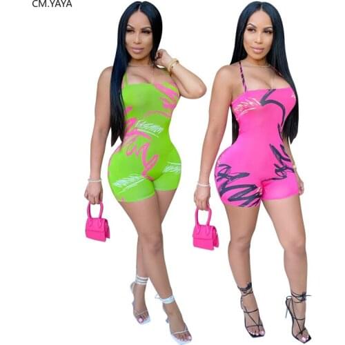 CM.YAYA Women Letter Spaghetti Strap Lace Up Open Back Skinny Bodysuit Jumpsuit Sexy Party Romper Playsuit One Piece Overalls