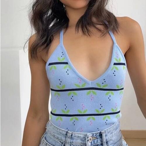 Foridol V Neck Leaf Print Knitted Halter Thank Tops Women Summer Blue Backless Y2K Boho Sleeveless Camis Mujer Streetwear