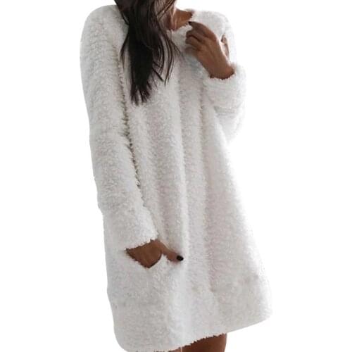 Winter Artificial Plush Dress Casual O-neck Long Sleeve Straight Home Party Dresses Women Vestidos Lamb Wool Pocket White Dress