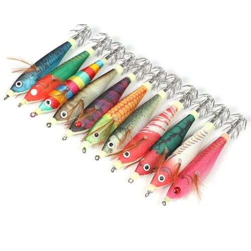 10Pcs Squid Jig Artificial Fishing Lures Wood Shrimp Lures Squid Hook Luminous Cuttlefish Octopus Bait