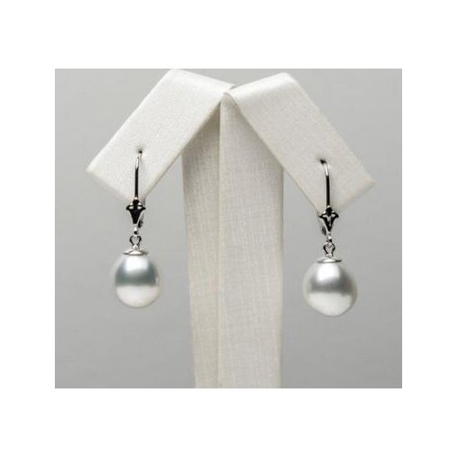 Free shipping >>>>noble jewelry 10-10.4mm White Genuine South Sea Pearl Leverback Drop Earrings 14k White Gold