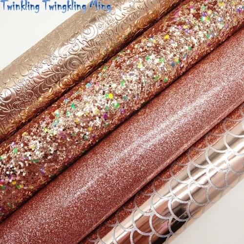 ROSE GOLD Glitter Fabric, Flowers Embossed Faux Leather, Mermaid Leather Sheets For Bow A4 21x29CM Twinkling Ming XM996